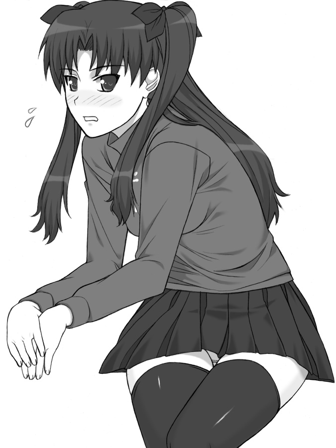 shichimenchou, tohsaka rin, fate/stay night, fate (series), 00s, 1girl, blush, female focus, greyscale, monochrome, panties, skirt, solo, thighhighs, turtleneck, underwear, white background, zettai ryouiki