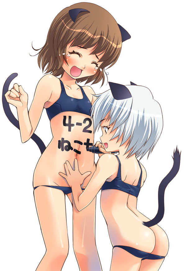 asaki takayuki, original, 2girls, :d, ^ ^, animal ears, ass, back, bikini, bikini pull, blue bikini, blush, body writing, brown hair, butt crack, cat ears, cat tail, clenched hand, closed eyes, clothes pull, flat chest, flying teardrops, from side, groin, hand on another's stomach, holding, kneeling, laughing, lowleg, lowleg bikini, lowleg panties, marker, multiple girls, name tag, navel, nontraditional school swimsuit, open mouth, panties, panty pull, profile, school swimsuit, short hair, simple background, smile, standing, swimsuit, tail, tears, tickling, tickling stomach, underwear, white background, white hair, writing