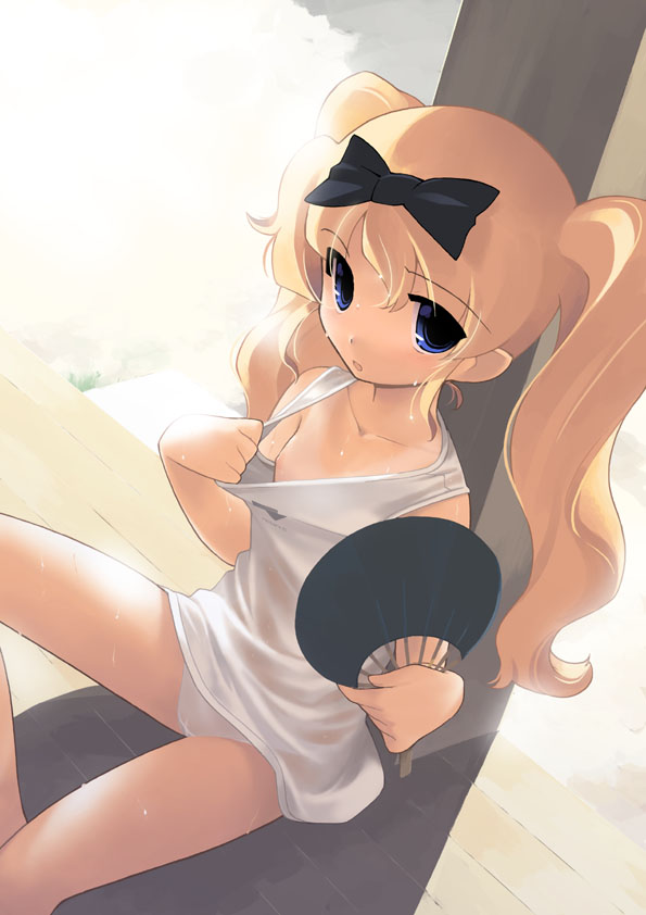 jiji (aardvark), original, 1girl, :o, against wall, blonde hair, blue eyes, bow, clothes pull, clueless, dutch angle, female focus, flat chest, hair bow, hand fan, hot, leg up, loli, nipple slip, nipples, no bra, no pants, panties, paper fan, porch, pulling own clothes, see-through clothes, shirt pull, sitting, solo, sunlight, sweat, tan, tank top, tanline, twintails, uchiwa, underwear, veranda, wet, wet clothes