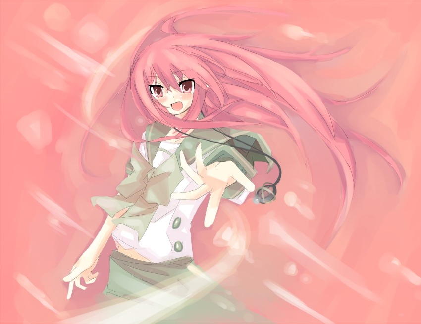 kanikama, alastor (shakugan no shana), shana, shakugan no shana, 00s, 1girl, female focus, floating hair, green skirt, jewelry, long hair, long sleeves, looking at viewer, outstretched arms, pendant, red background, red eyes, red hair, shirt, simple background, skirt, solo, very long hair, white shirt, wind
