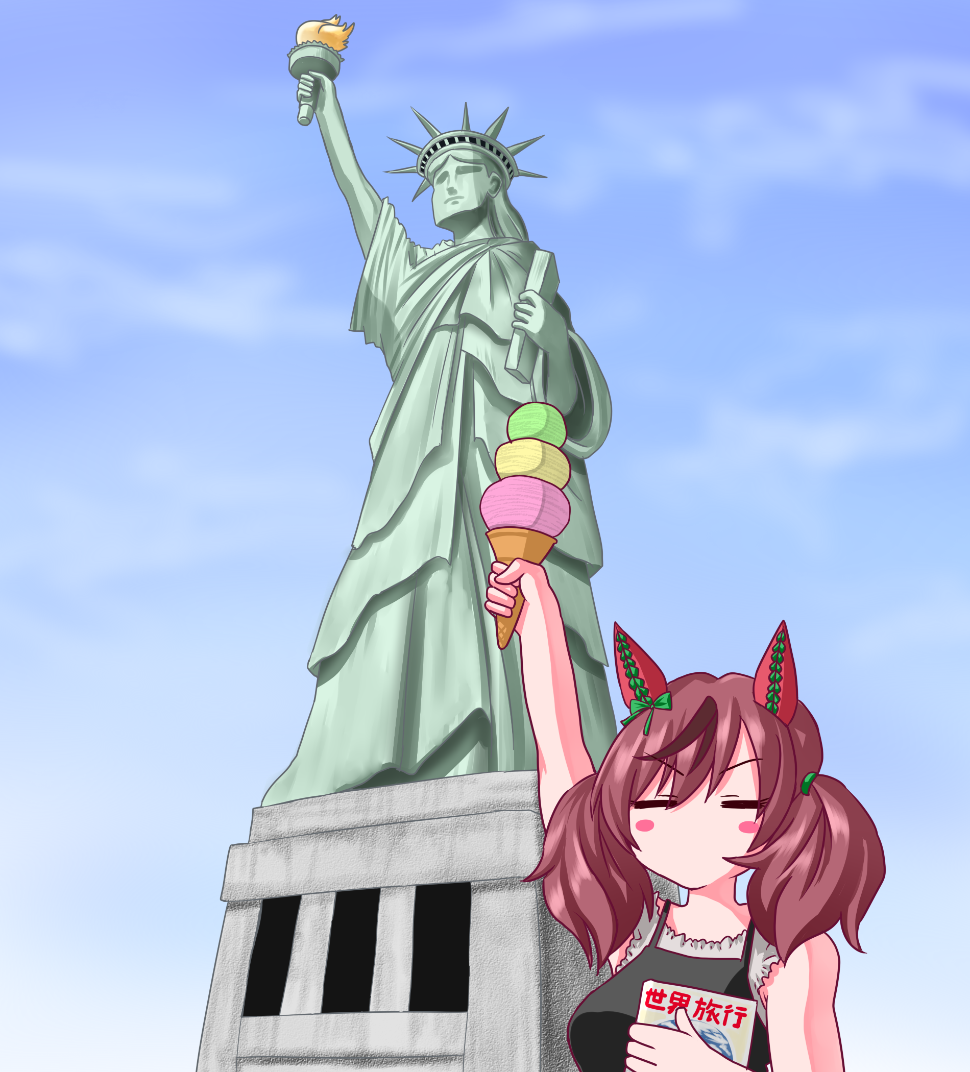 naccha (nawacchi), nice nature (umamusume), statue of liberty, umamusume, commentary request, highres, 1girl, = =, alternate costume, animal ears, arm up, blush, blush stickers, breasts, brown hair, casual, closed eyes, closed mouth, collarbone, food, horse ears, horse girl, ice cream, medium breasts, medium hair, new york city, nice nature (racehorse), shirt, sky, solo, united states