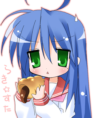 paco, izumi konata, lucky star, lowres, 00s, 1girl, chocolate cornet, female focus, food, mole, mole under eye, school uniform, serafuku, solo