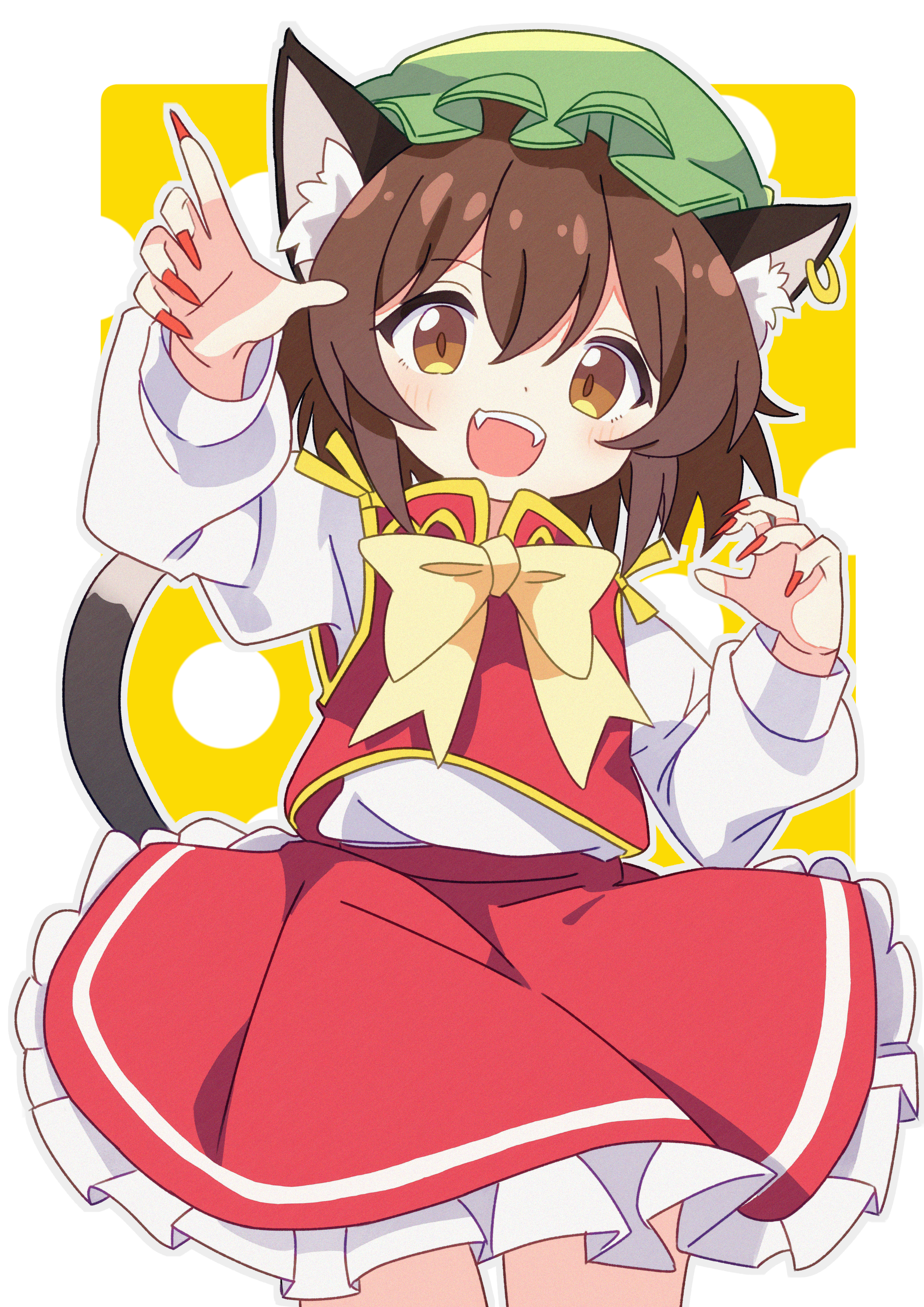 chen, touhou, absurdres, commentary request, highres, 1girl, :d, animal ear fluff, animal ear piercing, animal ears, arm up, black201 wav, bow, bowtie, brown eyes, brown hair, cat ears, cat tail, cowboy shot, dot nose, double-parted bangs, earrings, fangs, fingernails, frills, gold trim, green hat, hair between eyes, hands up, happy, hat, jewelry, light blush, long fingernails, long sleeves, looking at viewer, mob cap, nail polish, open mouth, outline, petticoat, puffy long sleeves, puffy sleeves, red nails, red skirt, red vest, short hair, simple background, single earring, skirt, skirt set, smile, solo, tail, teeth, thigh gap, upper teeth only, vest, white background, white outline, yellow background, yellow bow, yellow bowtie