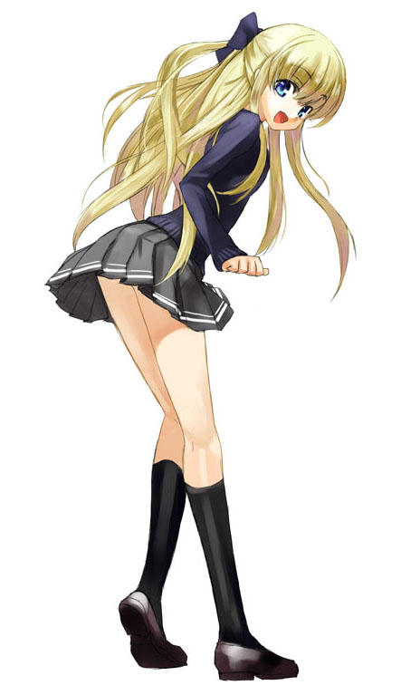 adachi yousuke, original, 1girl, black socks, blonde hair, female focus, full body, heel up, kneehighs, long hair, miniskirt, simple background, skirt, socks, solo, standing, white background