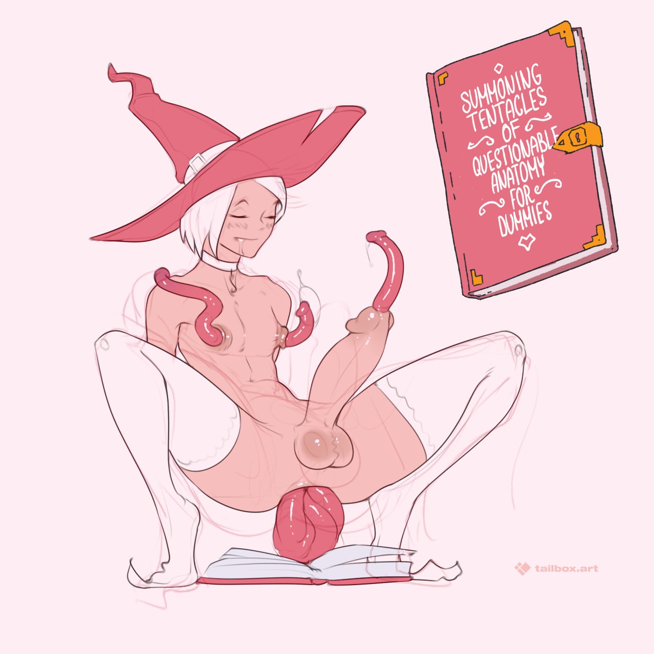 tailbox, original, highres, 1boy, choker, closed eyes, english text, full body, hat, large penis, nipple penetration, penis, penis tentacle, short hair, simple background, summoning, tentacles, testicles, thighhighs, white background, white choker, white hair, white thighhighs, wizard, wizard hat