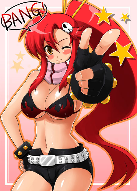 kekocha, yoko littner, tengen toppa gurren lagann, 00s, belt, bikini, bikini top only, black bikini, blush, finger gun, fingerless gloves, gloves, long hair, one eye closed, ponytail, red hair, short shorts, shorts, solo, swimsuit, v, wink