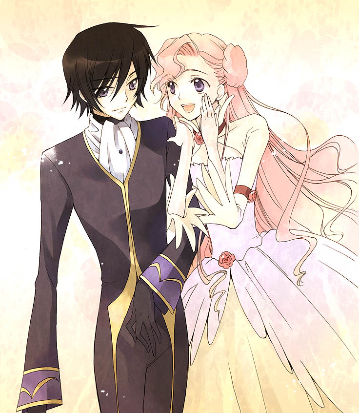 fujioka youko, pepulong, euphemia li britannia, lelouch vi britannia, code geass, 00s, 1boy, 1girl, :d, ascot, black gloves, black hair, brother and sister, donut hair bun, double bun, dress, flower, formal clothes, gloves, gown, hair bun, hand on own cheek, hand on own face, locked arms, long hair, open mouth, pink hair, purple eyes, shrug (clothing), siblings, smile, suit, swept bangs, very long hair