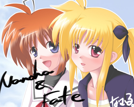namuru, num, fate testarossa, takamachi nanoha, lyrical nanoha, mahou shoujo lyrical nanoha, lowres, 00s, 2girls, :d, :o, ahoge, black dress, blonde hair, blue eyes, blush, character name, collarbone, dress, looking at viewer, multiple girls, open mouth, orange hair, red eyes, school uniform, sidelocks, smile, twintails, upper body, white dress