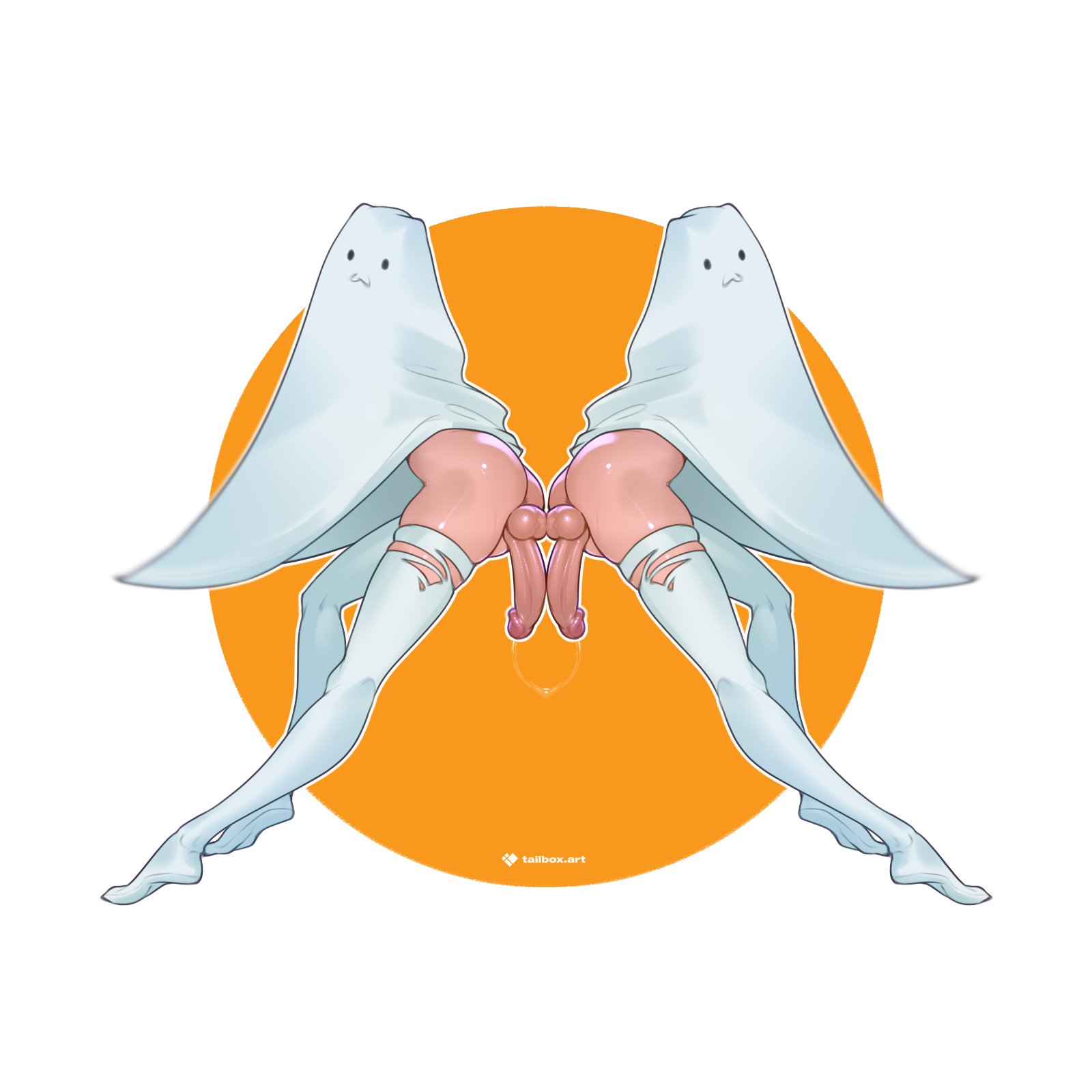 tailbox, original, highres, 2boys, :3, androgynous, full body, ghost costume, male focus, multiple boys, penis, penis and testicles touching, simple background, symmetry, testicles, thighhighs, torn clothes, torn thighhighs, veil, white background, white thighhighs, white veil