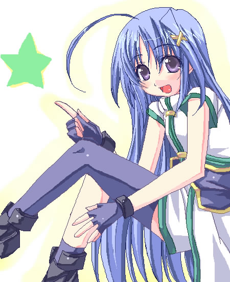 ichino, reinforce zwei, lyrical nanoha, mahou shoujo lyrical nanoha, mahou shoujo lyrical nanoha strikers, 00s, 1girl, ahoge, asymmetrical legwear, blue eyes, blue hair, female focus, fingerless gloves, gloves, hair ornament, magical girl, matching hair/eyes, solo, star (symbol), thighhighs, uneven legwear, waist cape, x hair ornament