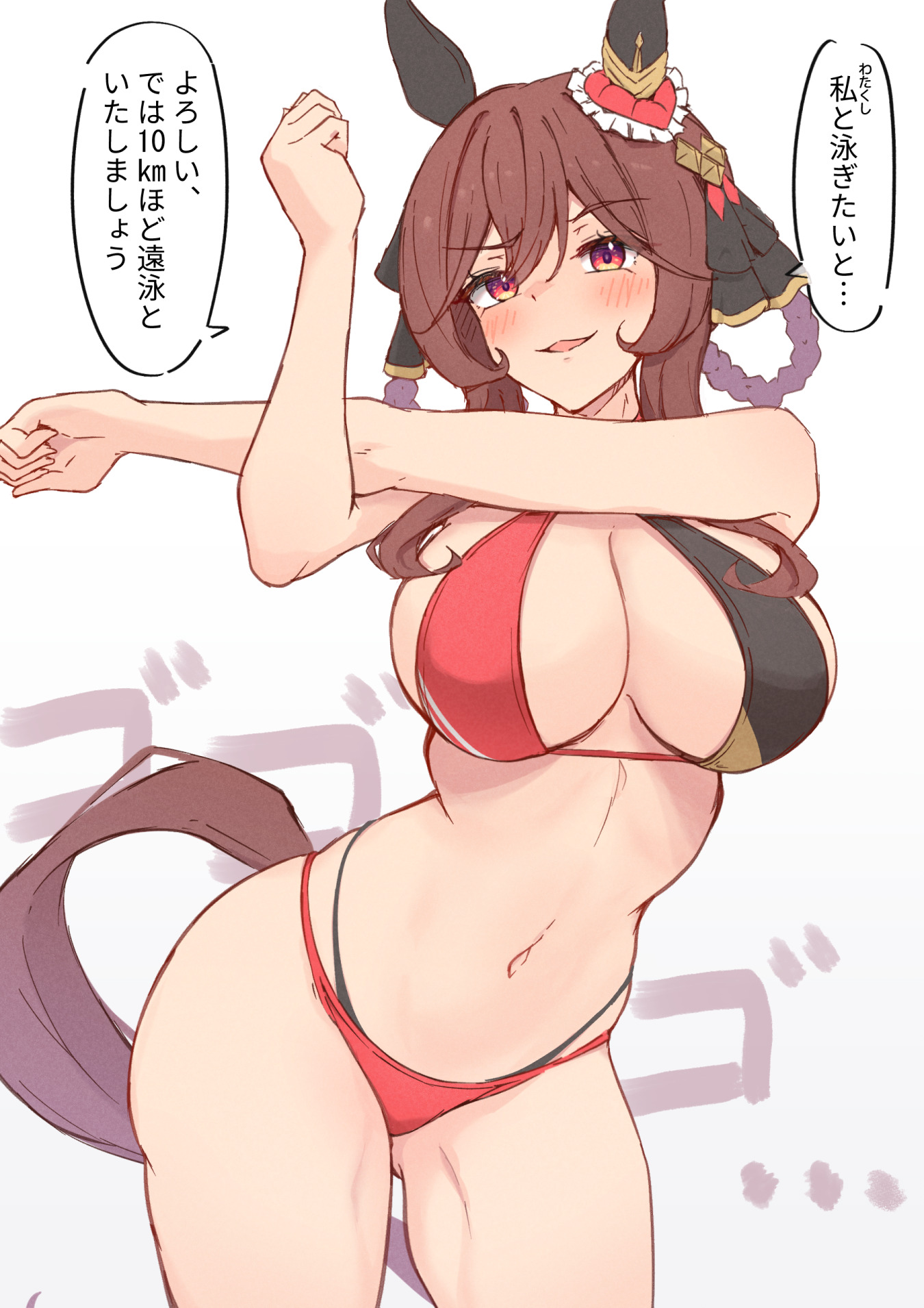 himura anzu, gentildonna (umamusume), umamusume, commentary request, highres, translation request, 1girl, alternate costume, animal ears, bikini, black bikini, breasts, brown hair, ear covers, gradient background, grey background, horse ears, horse girl, horse tail, large breasts, medium hair, multicolored bikini, navel, open mouth, red bikini, red eyes, solo, speech bubble, swimsuit, tail, two-tone bikini