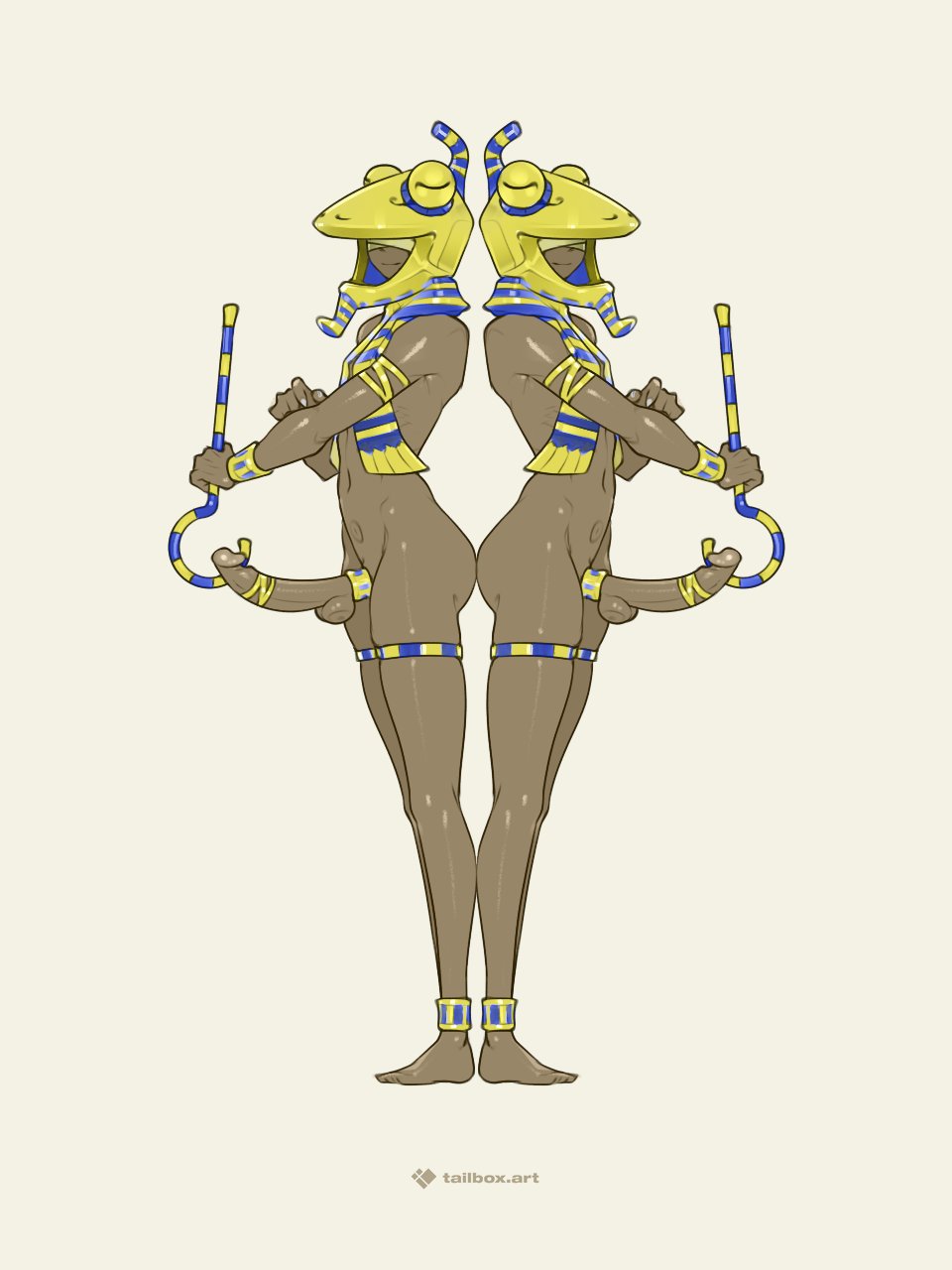 tailbox, original, commentary, highres, symbol-only commentary, 2boys, ancient egyptian clothes, animal hood, anklet, ass-to-ass, cock ring, dark skin, erection, frog hood, full body, hood, jewelry, multiple boys, sex toy, simple background, smile, staff, standing, thighlet, white background