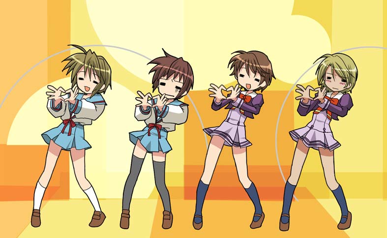 coco (precure 5), coco (yes! precure 5), koizumi itsuki, kokoda kouji, kyon, natsu (yes! precure 5), nuts (yes! precure 5), lucky star, motteke! serafuku, precure, suzumiya haruhi no yuuutsu, yes! precure 5, 00s, 4boys, crossdressing, crossdressing (mtf), crossover, male focus, multiple boys, thighhighs