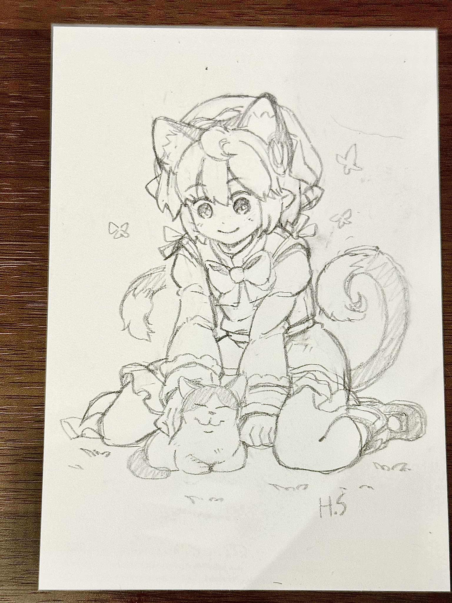 im (badmasa), chen, touhou, commentary request, graphite (medium), highres, traditional media, 1girl, animal ear fluff, animal ear piercing, animal ears, bow, bowtie, bug, butterfly, cat, cat ears, cat tail, closed mouth, dot nose, double-parted bangs, earrings, extra ears, frills, full body, grass, hair between eyes, hat, insect, jewelry, long sleeves, looking at animal, looking down, mob cap, multiple tails, nekomata, on grass, petting, puffy long sleeves, puffy sleeves, short hair, single earring, sitting, sketch, skirt, smile, solo, tail, two tails, vest, wariza