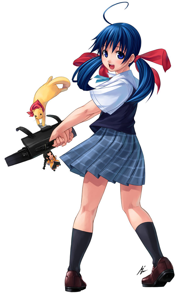 mizuki gyokuran, futaba hotaru, gato, gato (snk), itokatsu (garou), days of memories, fatal fury, garou: mark of the wolves, snk, 1girl, alternate costume, bag, blue eyes, blue hair, female focus, ferret, mascot, satchel, school bag, school uniform, serafuku, smile, socks, solo, twintails