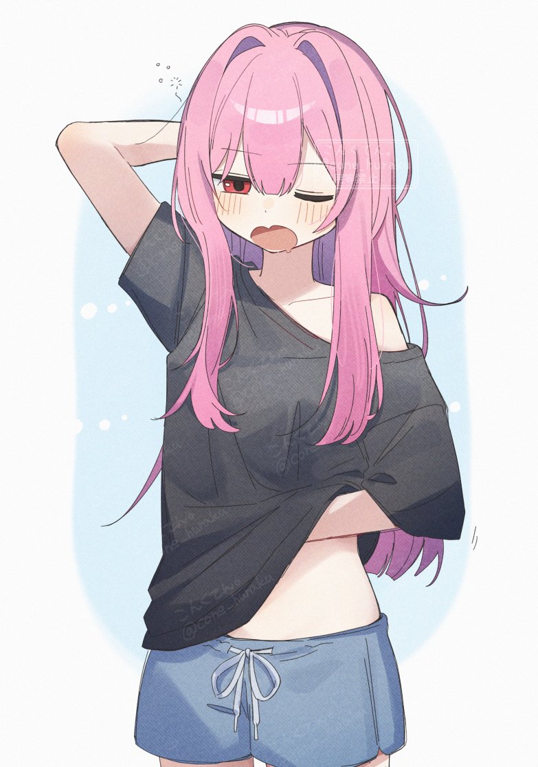 corn kuten, kotonoha akane, voiceroid, commentary request, 1girl, black shirt, blue background, blue shorts, blush, collarbone, cowboy shot, double-parted bangs, drawstring, long hair, off shoulder, one eye closed, open mouth, pink hair, red eyes, scratching stomach, shirt, short sleeves, shorts, single bare shoulder, sleepy, solo, squeans
