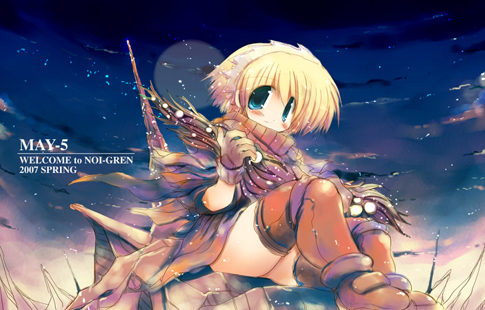 sakaki (noi-gren), original, 00s, 1girl, 2007, artist name, blonde hair, boots, english text, female focus, green eyes, holding, scarf, short hair, sky, solo, thigh boots, thighhighs