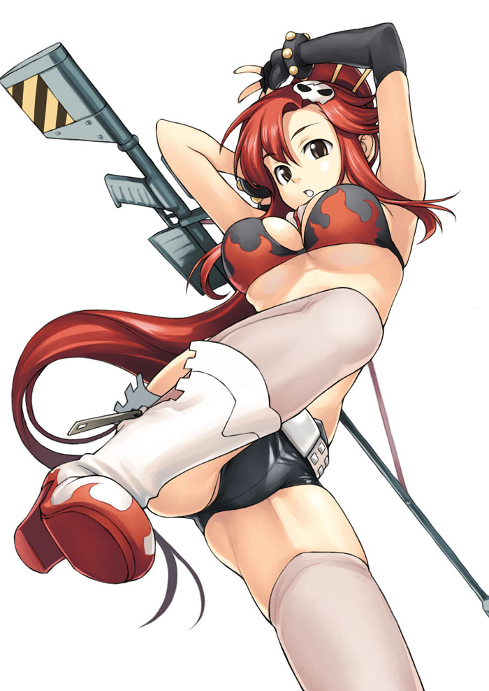 tanaka shoutarou, yoko littner, tengen toppa gurren lagann, 00s, 1girl, anti-materiel rifle, armpits, belt, bikini, bikini top only, boots, breasts, brown eyes, elbow gloves, female focus, fingerless gloves, gloves, gun, hair ornament, hairclip, large breasts, long hair, navel, ponytail, red hair, rifle, short shorts, shorts, simple background, sniper rifle, solo, swimsuit, thighhighs, underboob, very long hair, weapon, zipper