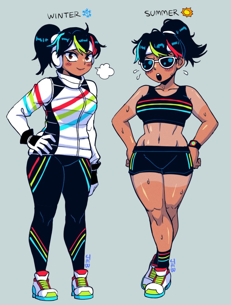 the jieb, yeet-chan (the jieb), original, commentary, english commentary, 1girl, :o, aqua hair, artist name, black hair, black pants, black shorts, black socks, black sports bra, blush, blush stickers, brown eyes, closed mouth, collarbone, dark-skinned female, dark skin, earmuffs, flying sweatdrops, full body, gloves, green hair, grey background, hand on own hip, hands on own hips, headband, jacket, long sleeves, midriff, multicolored hair, multiple views, navel, open mouth, pants, ponytail, puff of air, red hair, shiny skin, shoes, shorts, simple background, smile, socks, sports bra, standing, streaked hair, sunglasses, sweat, tan, tanline, teeth, upper teeth only, v-shaped eyebrows, white-framed eyewear, white gloves, white headband, white jacket, white shoes, winter clothes