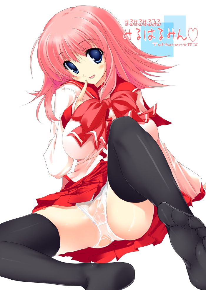 yoshiwo, kouno harumi (to heart), milfa (to heart), to heart (series), to heart 2, 00s, 1girl, blue eyes, blush, bow, bowtie, breasts, come hither, feet, female focus, finger to face, full body, large breasts, looking at viewer, no socks, panties, pink hair, school uniform, seductive smile, see-through clothes, serafuku, short hair, simple background, sitting, smile, soles, solo, spread legs, thighhighs, toes, underwear, wet, wet clothes, wet panties