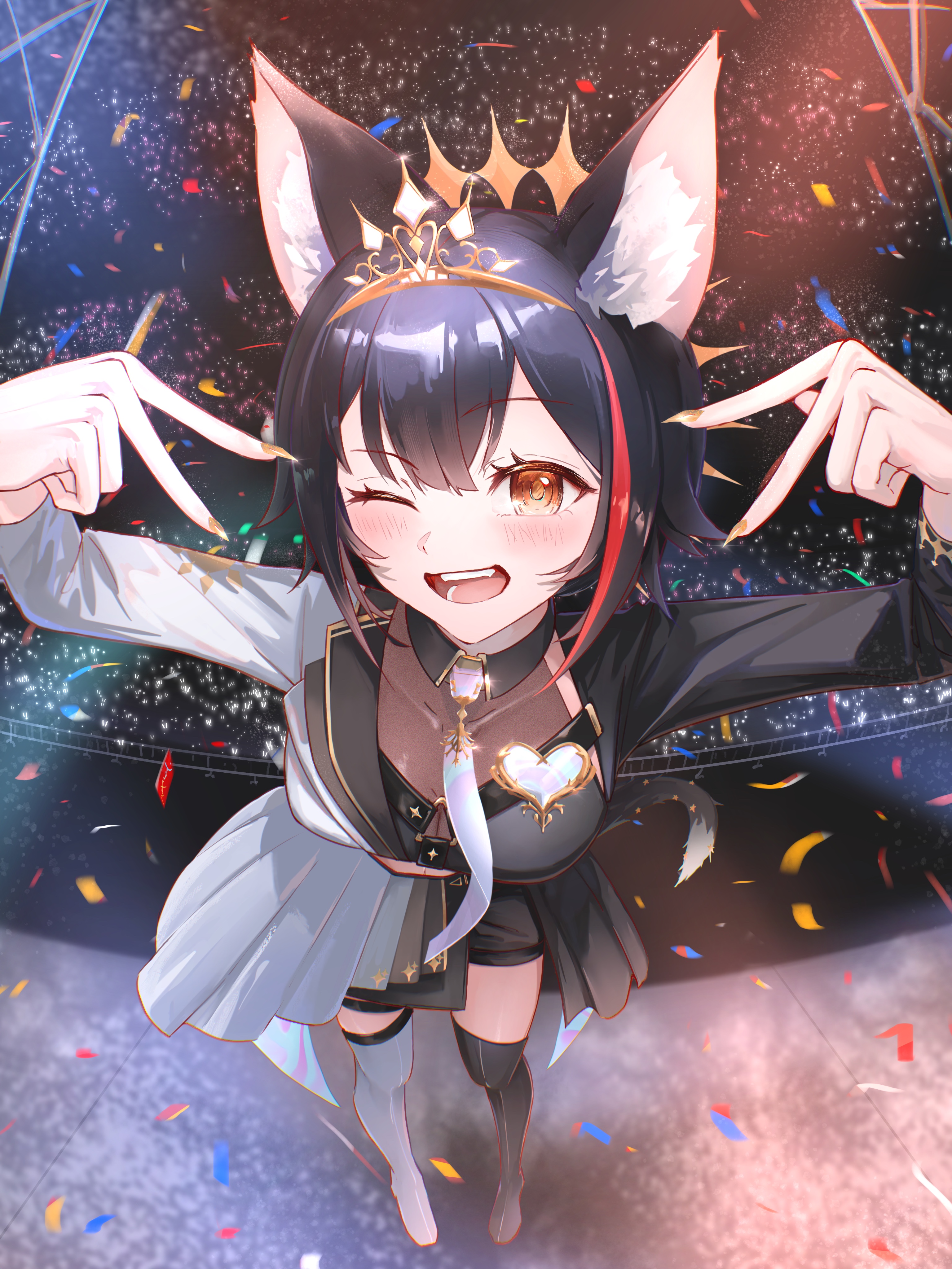 maymea, ookami mio, ookami mio (our sparkle), hololive, absurdres, highres, 1girl, :d, animal ears, asymmetrical clothes, asymmetrical footwear, black hair, black shoes, blush, boots, confetti, detached collar, gloves, gold tiara, gold trim, happy, holding, jacket, long sleeves, looking at viewer, midriff, mismatched footwear, multicolored hair, official alternate costume, official alternate hairstyle, one eye closed, open mouth, orange nails, pleated skirt, shoes, skirt, smile, solo, stage, standing, streaked hair, thigh boots, tiara, virtual youtuber, white shoes, white skirt, wing collar, wolf ears, wolf girl, yellow eyes