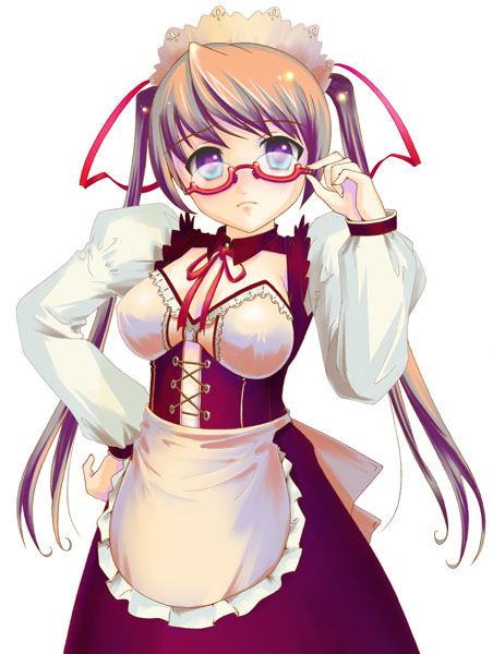 yurikuta tsukumi, original, 1girl, adjusting eyewear, apron, breasts, cleavage, detached collar, dress, female focus, glasses, hand on own hip, long sleeves, looking at viewer, maid, maid apron, medium breasts, red-framed eyewear, red dress, semi-rimless eyewear, simple background, smile, solo, standing, under-rim eyewear, waist apron, white background