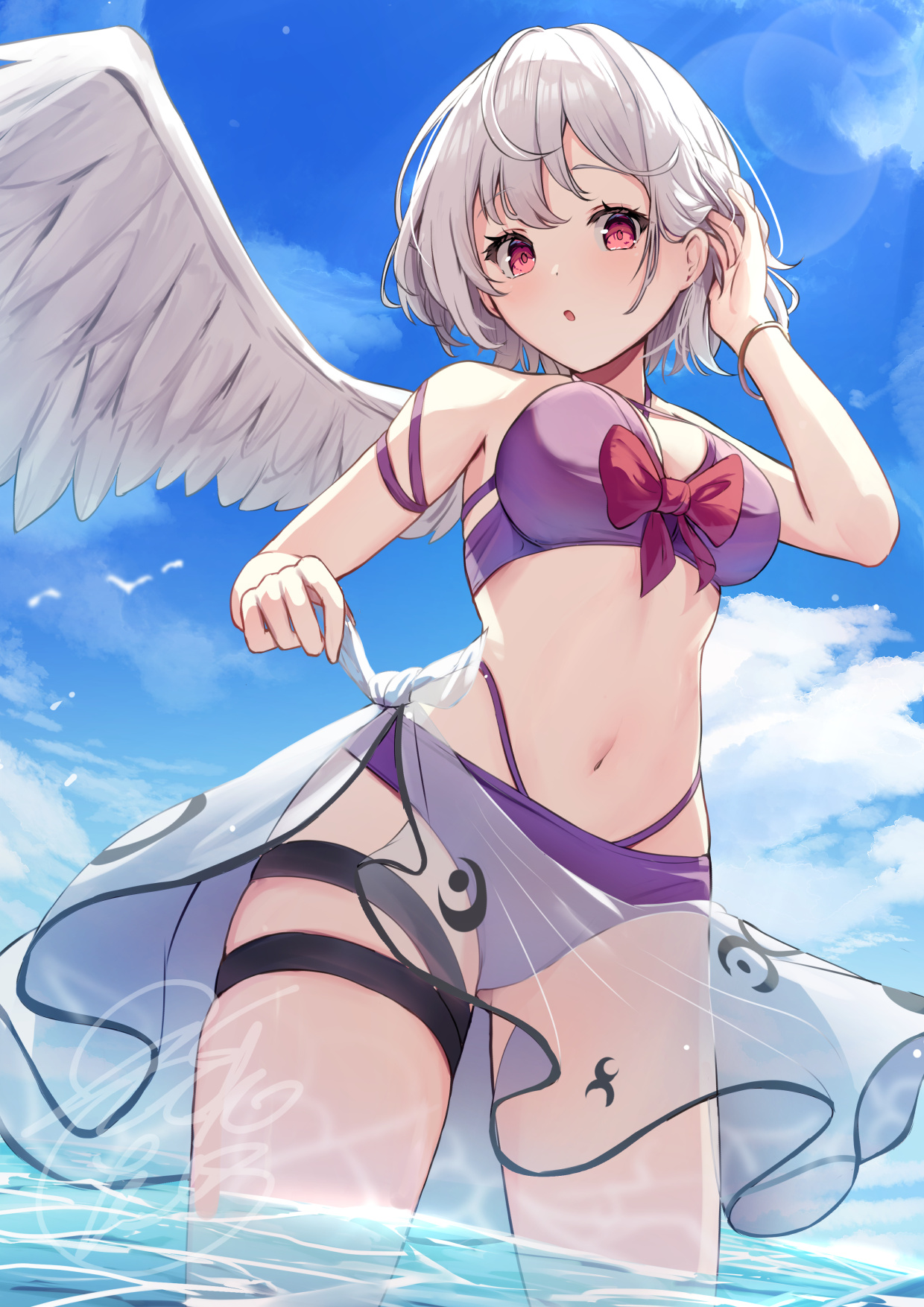 niko kusa, kishin sagume, touhou, commentary request, highres, 1girl, :o, adapted costume, bikini, blue sky, bow, bracelet, breasts, cloud, cowboy shot, day, feathered wings, from behind, grey hair, hand up, jewelry, layered bikini, looking at viewer, medium breasts, navel, outdoors, purple bikini, red bow, red eyes, sarong, see-through clothes, see-through sarong, short hair, signature, single wing, sky, solo, swimsuit, thigh strap, wading, water, white wings, wings