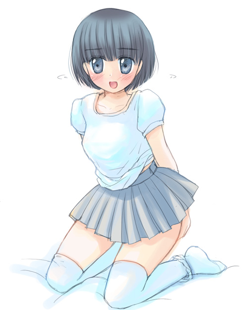 como, original, 1girl, blue eyes, blue hair, blush, female focus, full body, matching hair/eyes, open mouth, panties, panties around leg, pleated skirt, short hair, skirt, solo, thighhighs, underwear, white panties, white thighhighs, zettai ryouiki