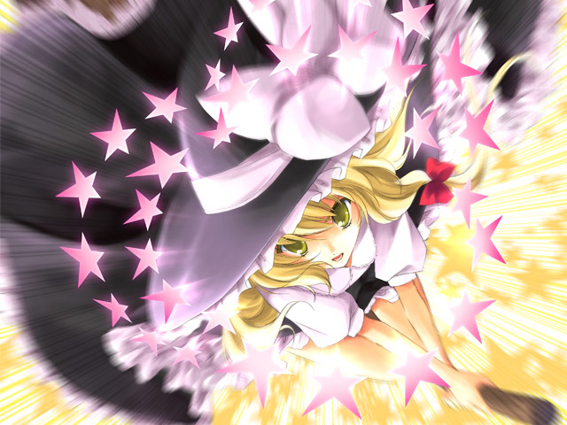 ayase hazuki, kirisame marisa, touhou, 1girl, blonde hair, broom, broom riding, female focus, hat, motion blur, solo, star (symbol), v arms, witch hat, yellow eyes