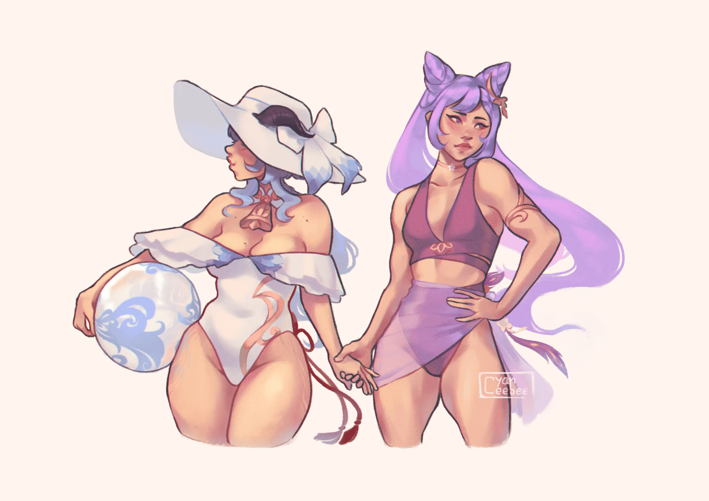 cyber (cyanceebee), ganyu (genshin impact), keqing (genshin impact), genshin impact, highres, artist name, ball, beachball, bell, blue hair, blush, breasts, choker, cleavage, closed mouth, cone hair bun, couple, cowboy shot, cropped legs, double bun, flower choker, goat horns, hair bun, halter bikini, hand on hilt, hand on own hip, hat, high-waist bikini, hip dips, holding, holding ball, holding beachball, holding hands, horns, horns through headwear, long hair, looking to the side, medium breasts, mole, mole on breast, mole on shoulder, multiple moles, neck bell, off-shoulder one-piece swimsuit, off shoulder, one-piece swimsuit, pink choker, pink lips, purple eyes, purple hair, purple sarong, pursed lips, red lips, sarong, see-through clothes, see-through sarong, simple background, strapless, strapless one-piece swimsuit, stretch marks, sun hat, swept bangs, swimsuit, thighs, white background, white hat, white one-piece swimsuit, wide brim, wide hips, yuri