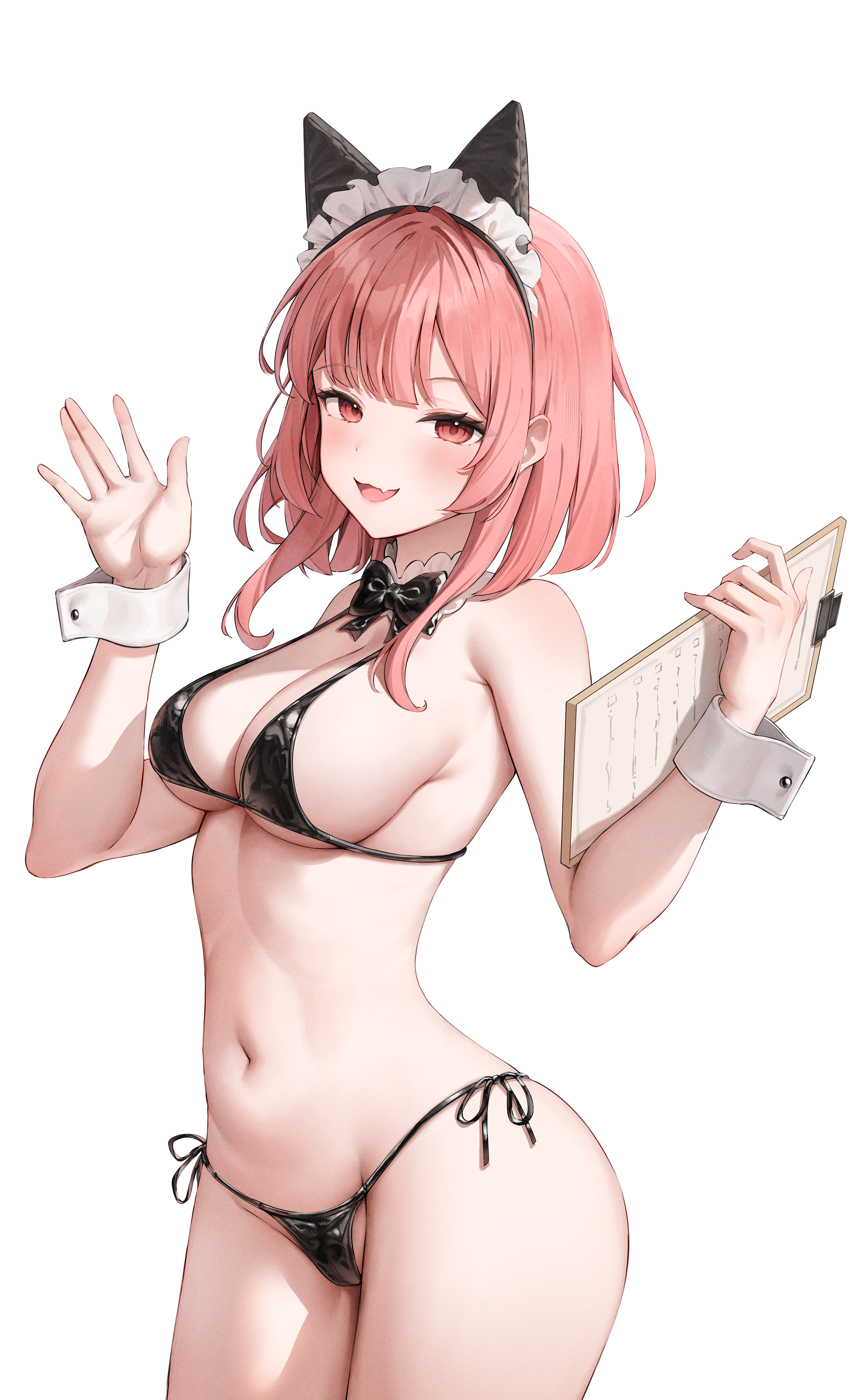 shiriaru (jjonaeng), original, absurdres, commentary, highres, 1girl, animal ear hairband, animal ears, bare shoulders, bikini, black bikini, black bow, black bowtie, blunt bangs, blush, bow, bowtie, breasts, cat ear hairband, cat ears, cleavage, clipboard, fake animal ears, fang, frilled headwear, groin, hairband, hand up, holding, holding clipboard, holding menu, large breasts, long hair, looking at viewer, maid, maid headdress, menu, navel, open mouth, pink eyes, pink hair, side-tie bikini bottom, sideboob, sidelocks, simple background, skin fang, smile, solo, standing, stomach, string bikini, swimsuit, thighs, waving, white background, white wrist cuffs, wrist cuffs