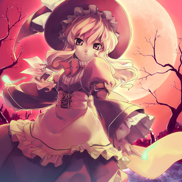 minamino kanata, kirisame marisa, touhou, 1girl, apron, arm garter, blonde hair, bow, embellished costume, female focus, floating hair, full moon, hat, long hair, looking at viewer, magic, moon, outdoors, serious, solo, tree, witch, witch hat