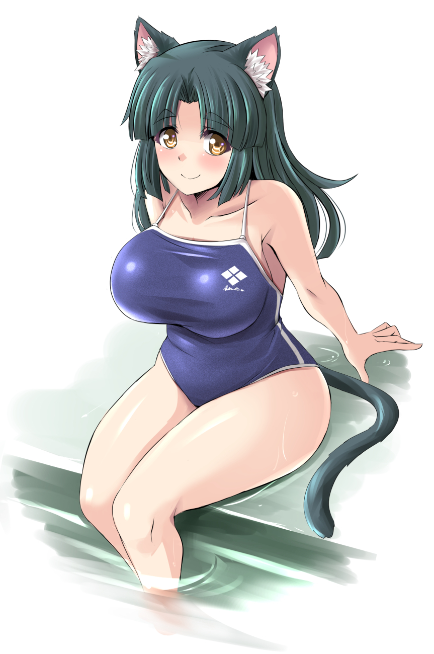 tonpuu, original, commentary request, highres, 1girl, animal ears, blue one-piece swimsuit, breasts, cat ears, cat girl, cat tail, competition school swimsuit, feet out of frame, green hair, large breasts, long hair, one-piece swimsuit, orange eyes, poolside, school swimsuit, smile, solo, swimsuit, tail, water