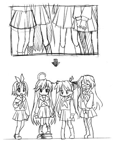 nekono osero, hiiragi kagami, hiiragi tsukasa, izumi konata, takara miyuki, lucky star, lowres, 00s, 4girls, :3, :d, greyscale, long hair, monochrome, multiple girls, open mouth, pantyhose, short hair, siblings, sisters, smile, twins, twintails
