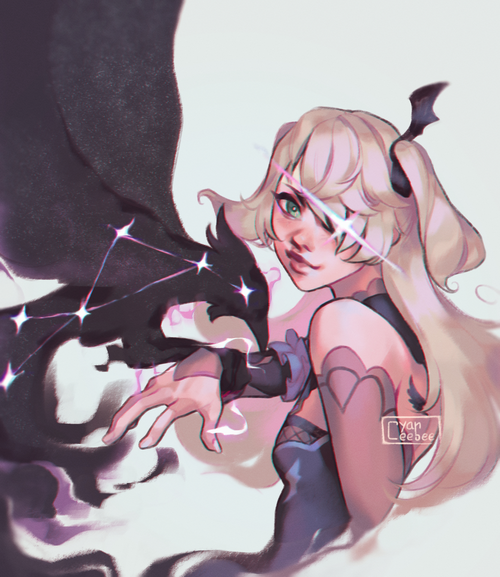cyber (cyanceebee), fischl (genshin impact), oz (genshin impact), genshin impact, highres, 1girl, artist name, bat hair ornament, bird, bird on hand, black dress, blonde hair, blue background, chromatic aberration, closed mouth, crossed bangs, dress, electricity, electrokinesis, from side, green eyes, hair ornament, hair over one eye, hand up, long hair, looking at viewer, looking to the side, magic, pink lips, simple background, smile, solo, sparkle, upper body
