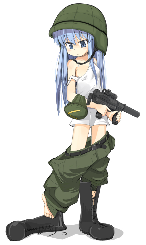 mamo williams, heckler & koch, original, machine pistol, uniform, 1girl, age regression, aged down, blue eyes, blue hair, boots, female focus, gun, h&k mp7, helmet, loli, long hair, matching hair/eyes, military, oversized clothes, personal defense weapon, solo, strap slip, submachine gun, suppressor, tank top, wardrobe malfunction, weapon