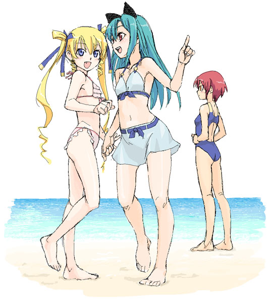 satou atsuki, hayama kotono, hijiri misaki, shirafuji natsuki, saint october, 00s, barefoot, bikini, blonde hair, blue one-piece swimsuit, day, feet, frilled bikini, frills, green hair, hands on own hips, legs, long hair, one-piece swimsuit, outdoors, red hair, standing, swimsuit