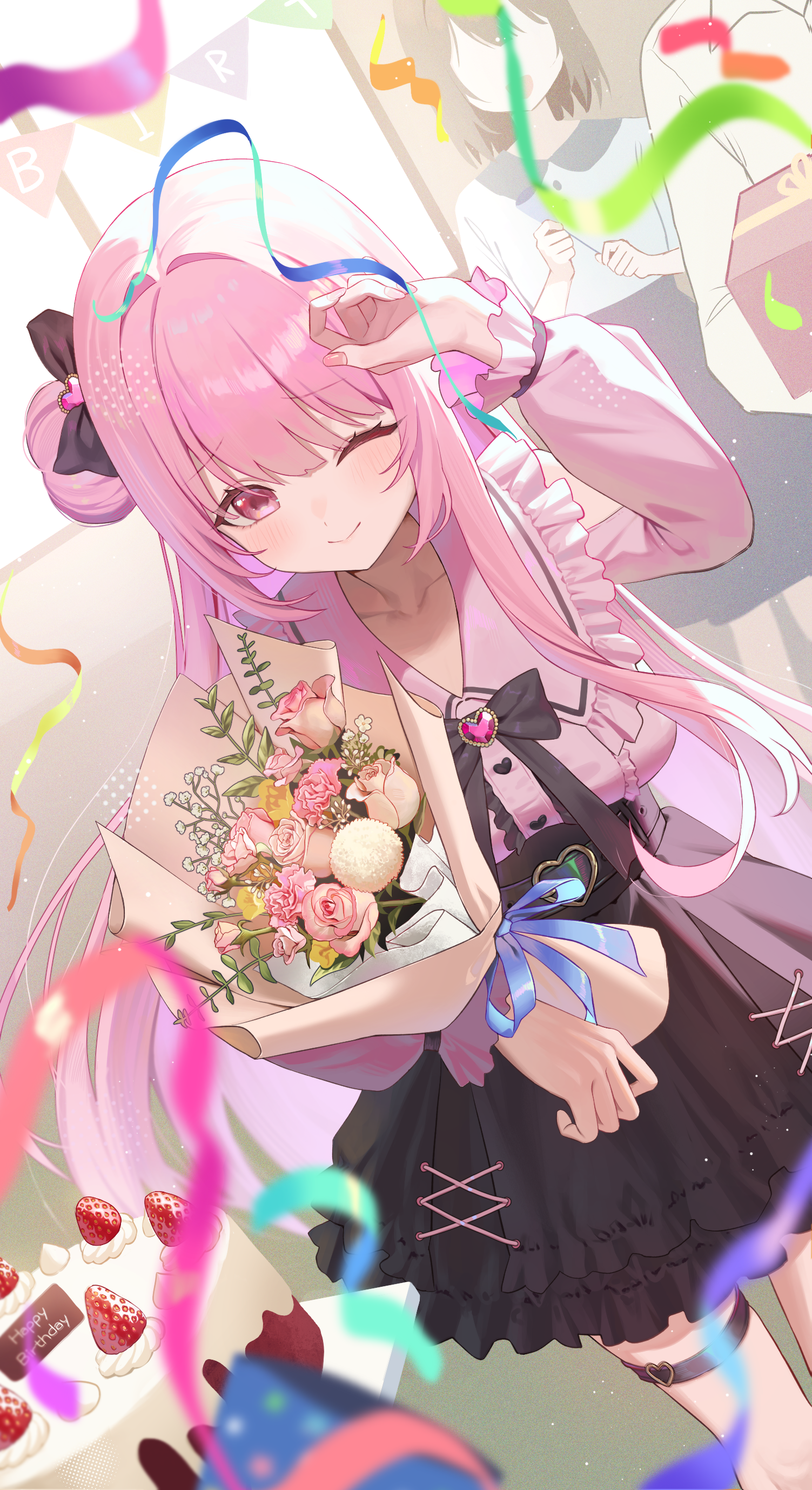 seoki (hi3031), original, absurdres, highres, 1girl, black ribbon, black skirt, blush, bouquet, brooch, buttons, cake, collarbone, flower, food, frilled shirt, frills, fruit, gift, hair bun, hair ornament, heart, heart brooch, heart button, holding, holding bouquet, jewelry, long hair, long sleeves, looking at viewer, one eye closed, pink eyes, pink flower, pink hair, pink rose, pink shirt, ribbon, rose, shirt, single side bun, skirt, smile, solo, solo focus, standing, strawberry, strawberry shortcake, streamers, thigh strap, very long hair