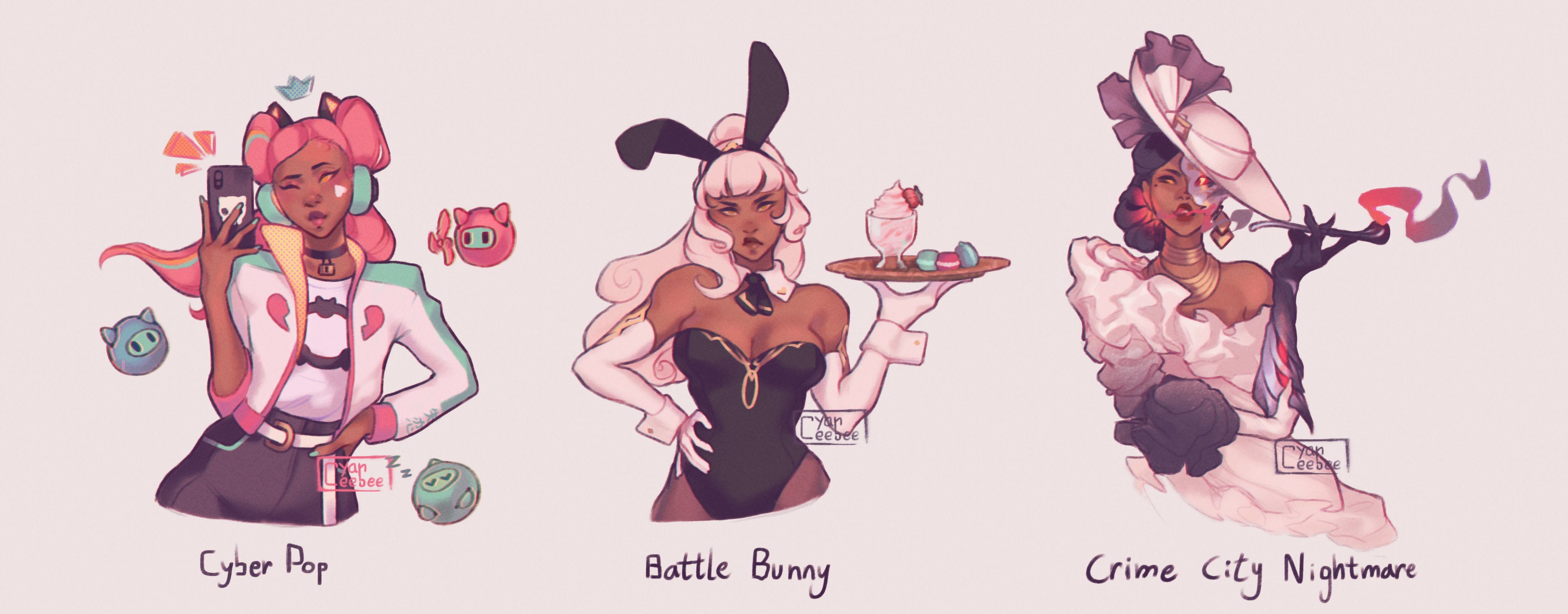 cyber (cyanceebee), qiyana (league of legends), league of legends, absurdres, highres, 3girls, alternate costume, animal ear hairband, animal ears, artist name, belt, black choker, black hair, black hairband, black hands, black leotard, black pants, black sclera, blue hair, blunt bangs, breasts, brown lips, brown pantyhose, cellphone, choker, cleavage, collar, colored extremities, colored sclera, dark-skinned female, dark skin, detached collar, double bun, dress, elbow gloves, english text, eyeshadow, facial mark, fake animal ears, fashion, fingernails, frown, gloves, glowing, glowing eye, glowing hair, glowing smoke, hair bun, hairband, hand on own elbow, hand on own hip, hand up, hat, headphones, heart, heart facial mark, high ponytail, holding, holding phone, holding smoking pipe, jacket, large breasts, leotard, long hair, looking ahead, looking at viewer, makeup, multicolored hair, multiple girls, multiple persona, multiple views, neck ribbon, off-shoulder dress, off shoulder, one eye closed, orange eyes, orange hair, pants, pantyhose, phone, pink eyeshadow, pink hair, pink lips, playboy bunny, ponytail, pursed lips, rabbit ear hairband, rabbit ears, red lips, ribbon, selfie, sharp fingernails, shirt, shirt tucked in, simple background, single off shoulder, smartphone, smoking, smoking pipe, solo focus, straight-on, strapless, strapless leotard, streaked hair, upper body, wavy hair, white background, white belt, white collar, white dress, white gloves, white hair, white hat, white jacket, white shirt, white wrist cuffs, wrist cuffs