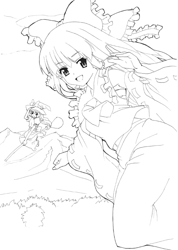 date (senpen), hakurei reimu, kirisame marisa, touhou, eyebrows, 2girls, :d, apron, ascot, black hat, bow, broom, broom riding, detached sleeves, female focus, flying, greyscale, hair bow, hair tubes, hat, hat bow, holding, holding broom, long hair, looking at viewer, monochrome, mountain, multiple girls, open mouth, outdoors, puffy short sleeves, puffy sleeves, red ribbon, ribbon, ribbon-trimmed sleeves, ribbon trim, sarashi, shading eyes, short sleeves, skirt, skirt set, sky, smile, witch hat