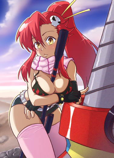 yorozuya hyakuhachi, lagann, yoko littner, tengen toppa gurren lagann, 00s, 1girl, anti-materiel rifle, breasts, cleavage, female focus, gun, large breasts, rifle, short shorts, shorts, sniper rifle, solo, thighhighs, weapon