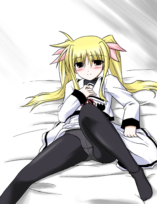 yamaura tamaki, fate testarossa, lyrical nanoha, mahou shoujo lyrical nanoha, 00s, 1girl, black pantyhose, blonde hair, crotch seam, female focus, panties, panties under pantyhose, pantyhose, solo, underwear
