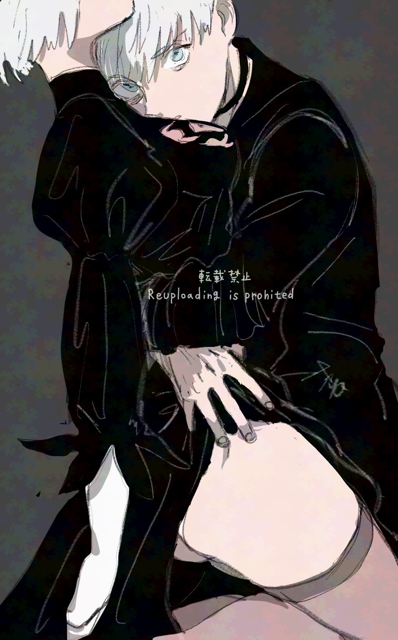 meaxu9m386, 2b (nier:automata), 9s (nier:automata), nier:automata, nier (series), highres, 1boy, 1girl, arm at side, ass, black choker, black dress, black jacket, blue eyes, choker, clothes lift, dress, dress lift, hetero, hug, jacket, kneeling, lifting another's clothes, looking at viewer, panties, short hair, thighhighs, underwear, white hair, white panties
