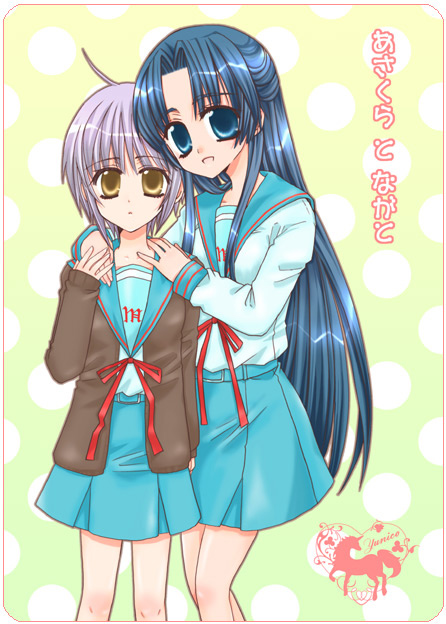 yunico, asakura ryoko, nagato yuki, suzumiya haruhi no yuuutsu, 00s, 2girls, blue eyes, blue hair, bow, brown coat, bubble background, coat, japanese text, long hair, looking at viewer, multiple girls, purple hair, red bow, school uniform, serafuku, short hair, signature, unicorn, yellow eyes