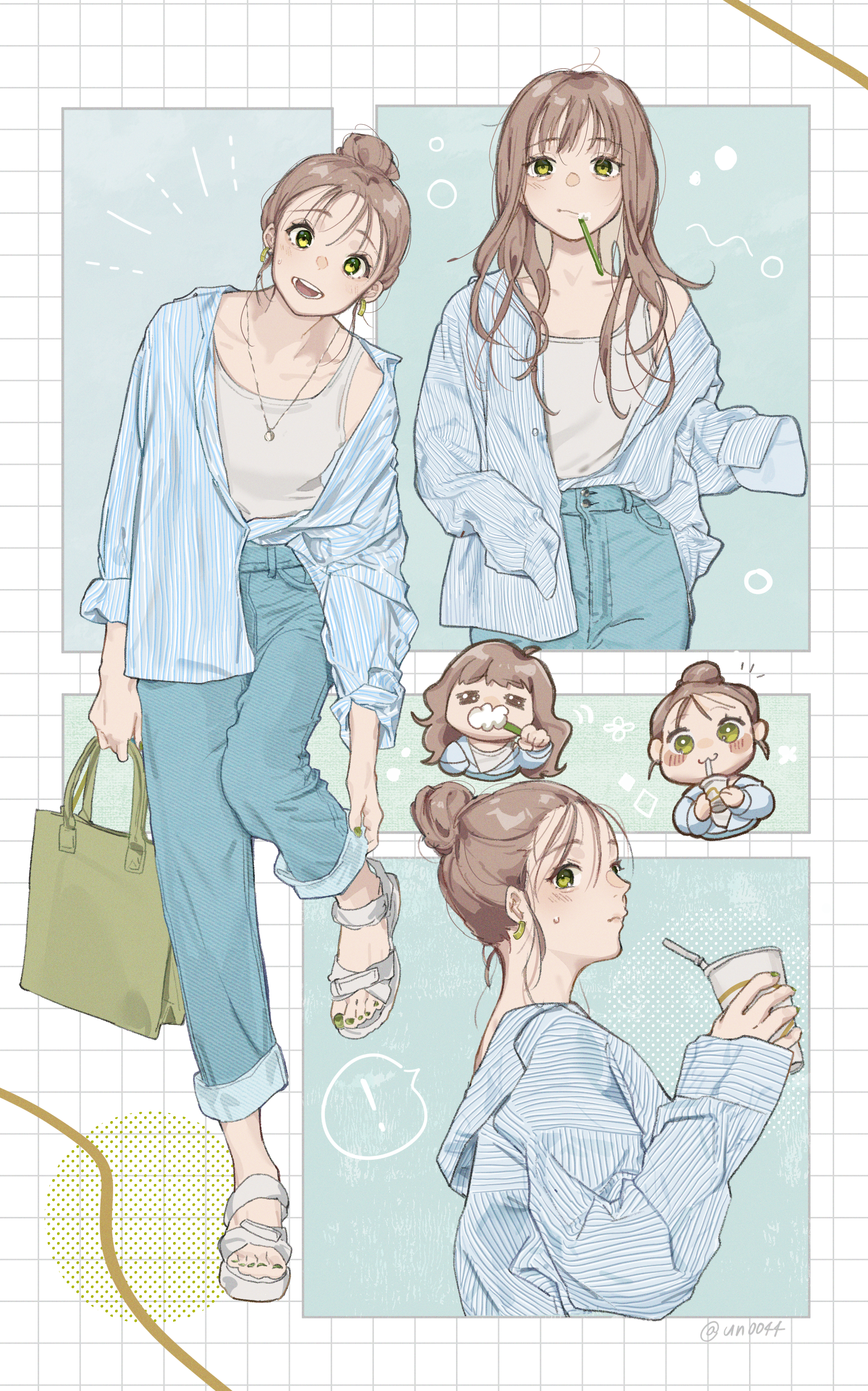 un (un0044), original, absurdres, commentary, highres, !, 1girl, adjusting clothes, aqua pants, bag, blue shirt, blush, breasts, brown hair, brushing teeth, chibi, chibi inset, closed mouth, collarbone, denim, drinking straw, earrings, feet, from side, green eyes, green nails, grey tank top, grid background, hair bun, handbag, head tilt, holding, jeans, jewelry, long hair, looking at viewer, multiple views, nail polish, open clothes, open mouth, open shirt, pants, sandals, shirt, sidelocks, small breasts, spoken exclamation mark, standing, standing on one leg, tank top, toenail polish, toenails, toes, twitter username, white sandals
