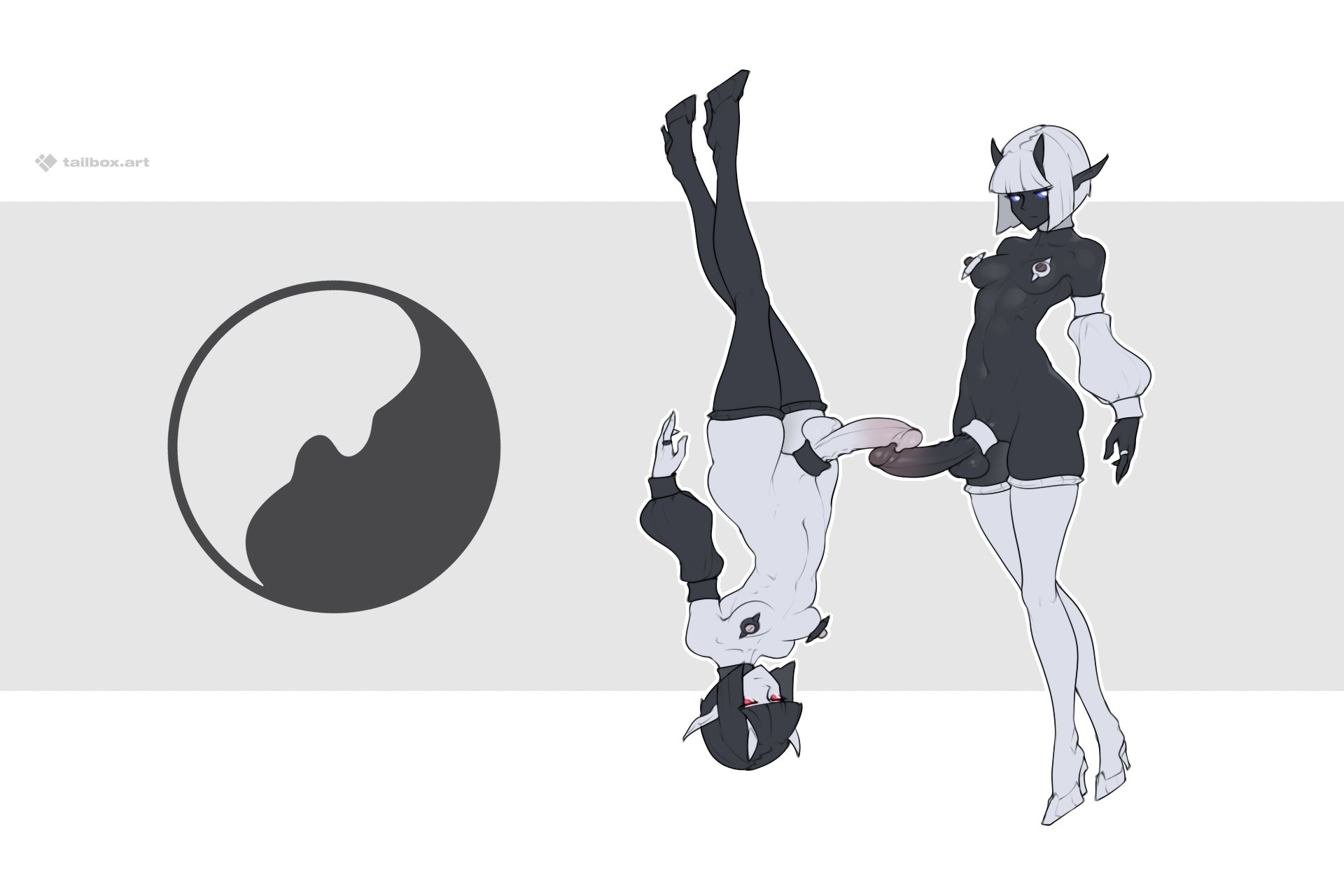 tailbox, original, commentary, highres, symbol-only commentary, 2girls, black arm warmers, black hair, black skin, black thighhighs, blue eyes, breasts, cock ring, colored skin, erection, full body, futa with futa, futanari, high heels, multiple girls, navel, nipple piercing, nipple rings, nipples, penis, penises touching, piercing, red eyes, sex toy, short hair, small breasts, testicles, thighhighs, white arm warmers, white hair, white skin, white thighhighs, wide hips, yin yang