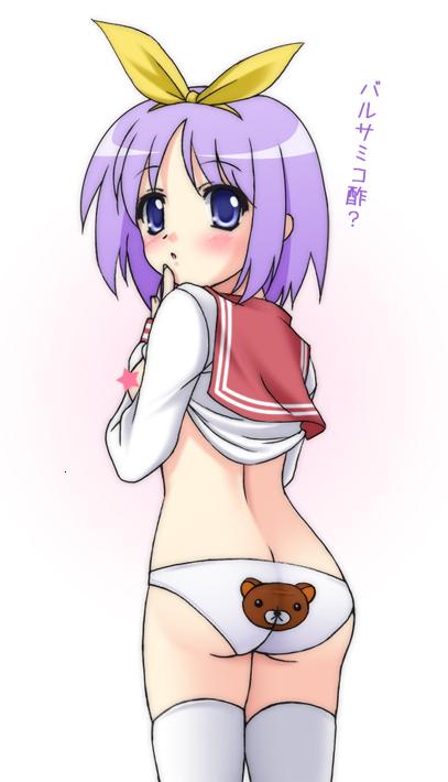 hiiragi tsukasa, lucky star, 00s, 1girl, animal print, ass, bear panties, bear print, female focus, panties, print panties, school uniform, serafuku, solo, thighhighs, underwear