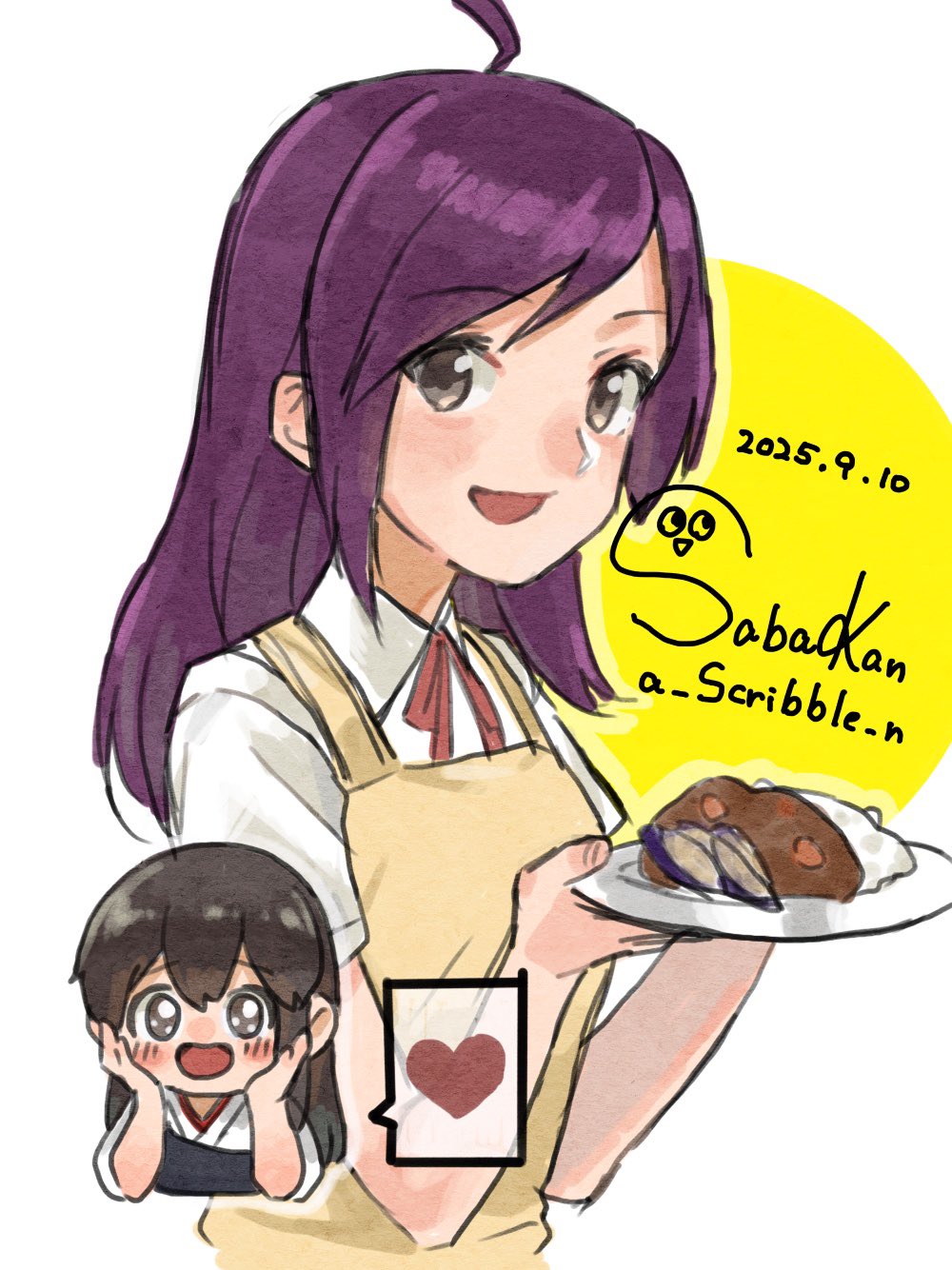 akagi (kancolle), hagikaze (kancolle), kantai collection, highres, 2girls, ahoge, apron, artist logo, chibi, chibi inset, collared shirt, dated, dress shirt, food, logo, long hair, multiple girls, one-hour drawing challenge, purple eyes, purple hair, sabakanbasupisu, shirt, solo focus, upper body, white shirt, yellow apron