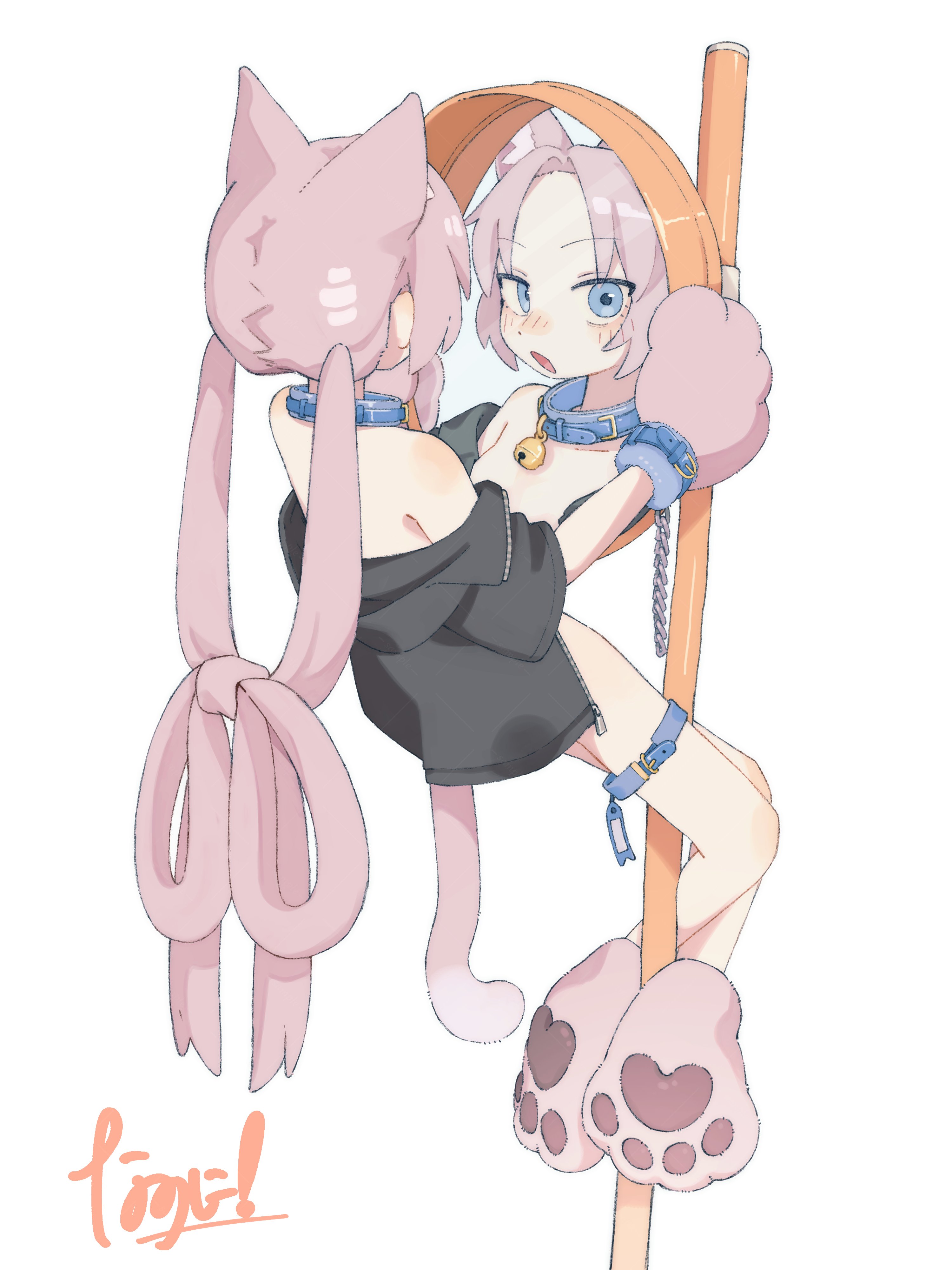 nanoni!, original, absurdres, highres, 1girl, :o, animal ears, animal hands, bare shoulders, belt, black jacket, blue belt, blue collar, blue eyes, blush, cat ears, cat girl, cat paws, cat tail, collar, full body, jacket, long hair, low twintails, mirror, naked jacket, off shoulder, open mouth, parted bangs, paw shoes, pink hair, short-sleeved jacket, short sleeves, simple background, solo, tail, thigh belt, thigh strap, twintails, white background