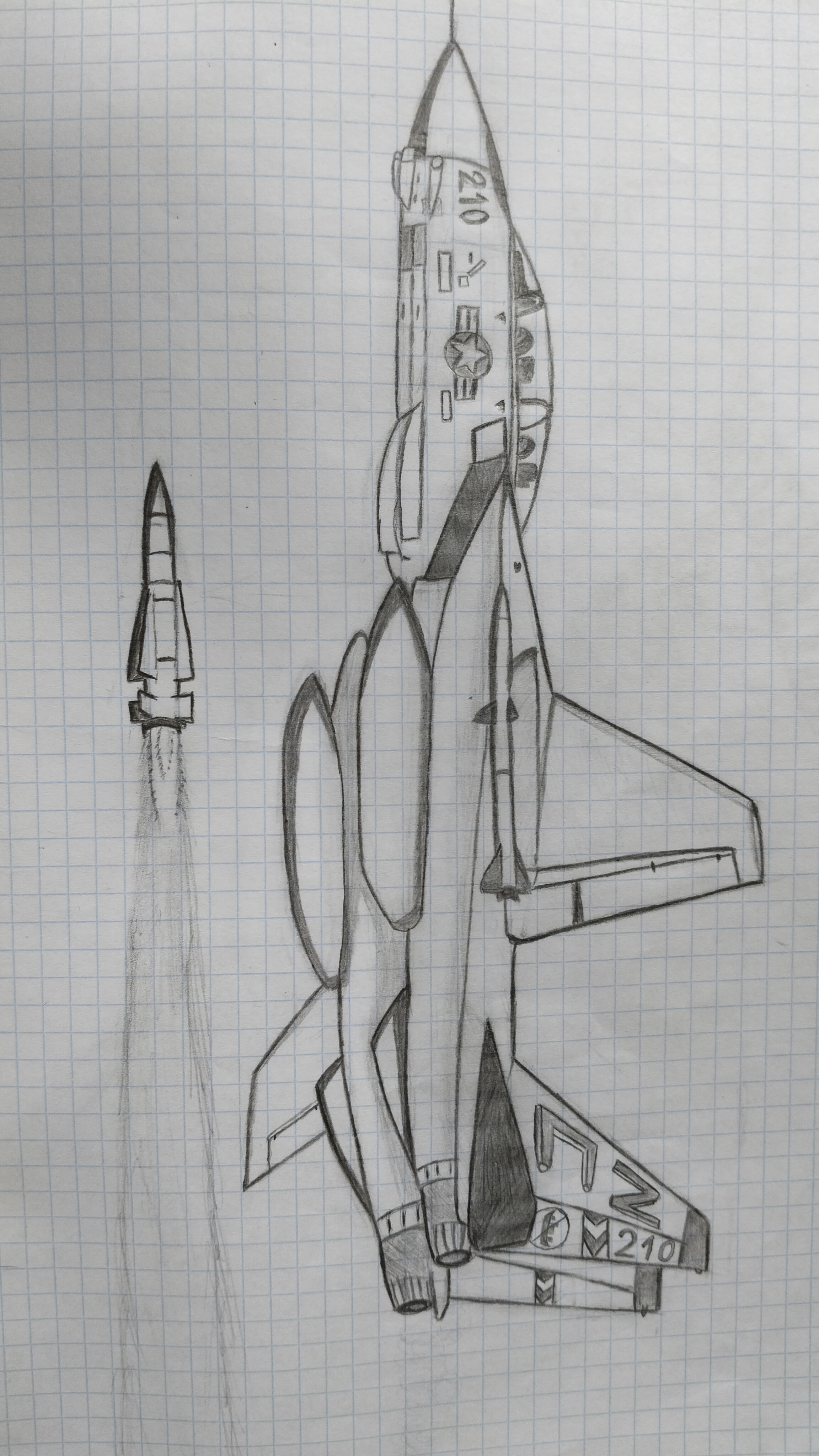 original, united states air force, absurdres, graphite (medium), highres, non-web source, traditional media, 2boys, aim-54 phoenix, aim-9 sidewinder, aircraft, airplane, amatoure, drop tank, exif rotation, f-14 tomcat, fighter jet, firing, greyscale, military vehicle, monochrome, multiple boys, roundel, school, star (symbol)